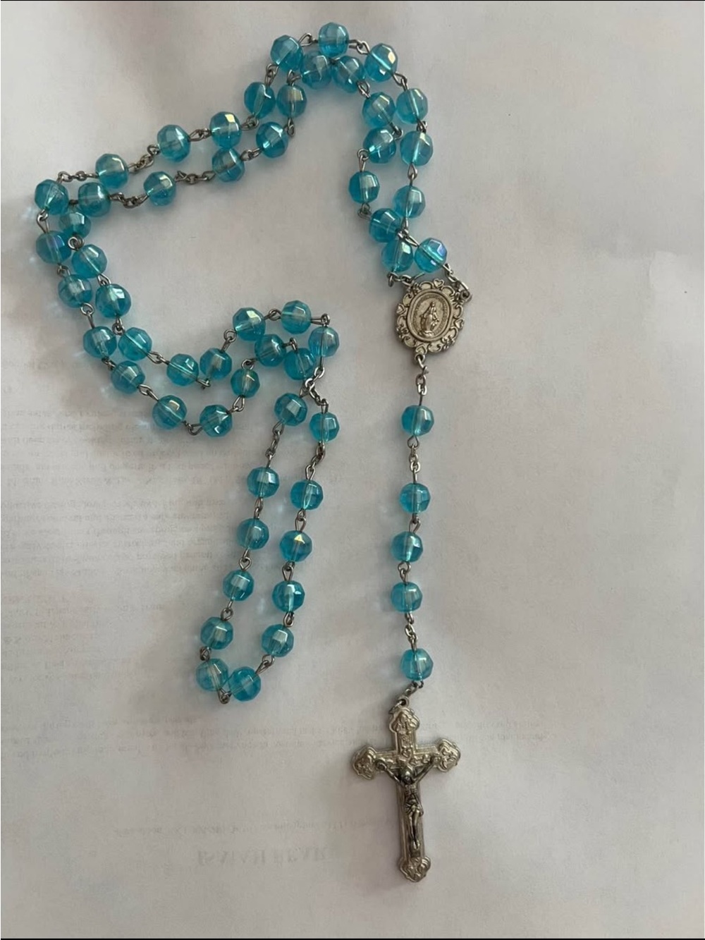 Aqua Blue Beaded Rosary with Miraculous Medal and
Crucifix